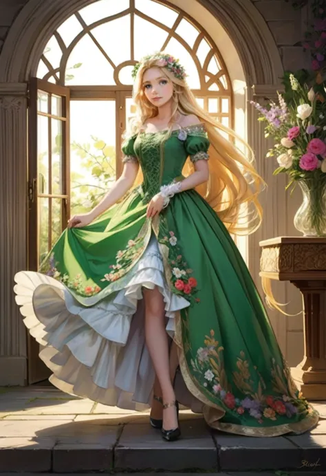 rapunzel 1girl, blonde hair, long hair, green eyes, very long hair, flower, dress, flowers, high heels, looking at viewer, (mast...