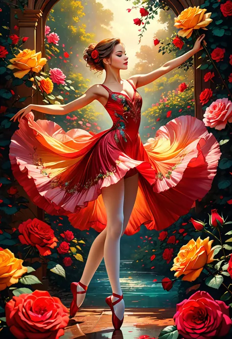 a portrait of female classical ballet prima ballerina dancer in the ((middle of blossoming rose)), a full body picture ((anatomi...