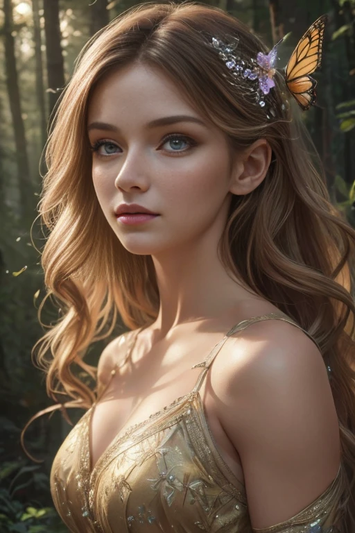 a beautiful fairy girl, extremely detailed eyes and face, long eyelashes, flowing hair, delicate features, elegant dress, ethereal and whimsical expression, glowing aura, forest background with flowers and butterflies, (best quality,4k,8k,highres,masterpiece:1.2),ultra-detailed,(realistic,photorealistic,photo-realistic:1.37),fantasy,intricate details,vibrant colors,dramatic lighting