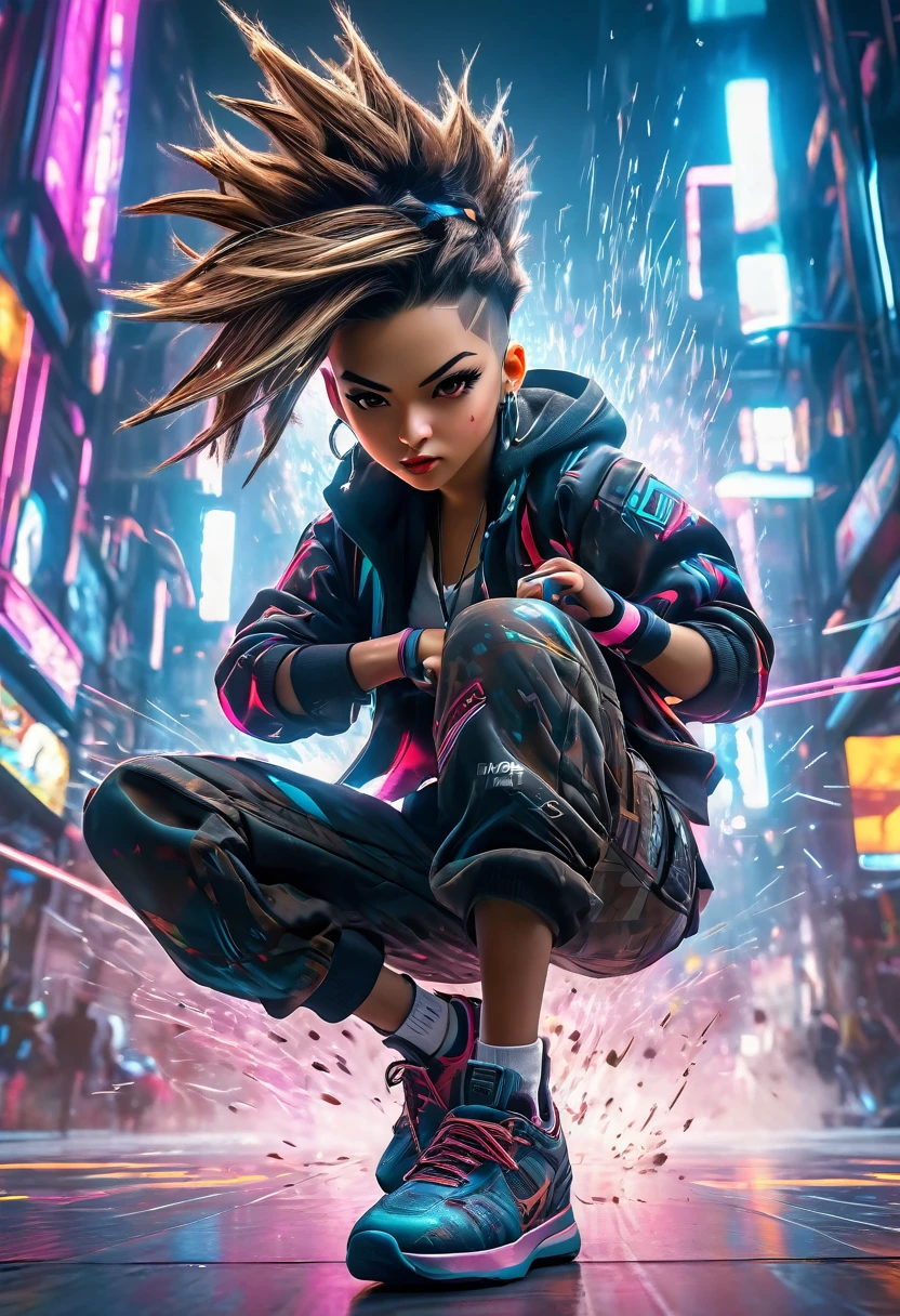 (masterpiece, best quality:1.2), A cute lady, solo, breakin dancer, power movements, strenuous movements, intense footwork, squatting down with one leg stretched out, Dynamic Motion Blur, Sweat shines and pops, cyberpunk, lips apart, (punk color short hair, brown eyes), Anatomically accurate hands and fingers, (crop top, cargo pants, sneakers), Fluttering hair, particles, atmosphere full of steam, professional lighting, cinematic lighting, Dynamic action scenes