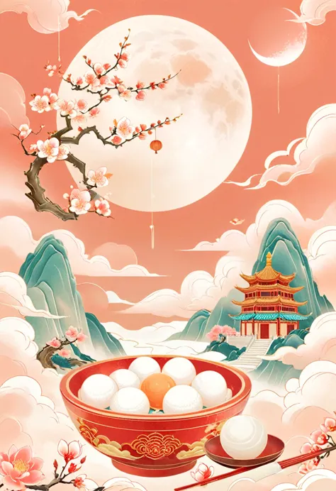 , Fine lines，(Golden section composition), (Golden Ratio),Minimalism，Mountain, lantern, Auspicious Clouds, Peach Blossom, Kongmi...