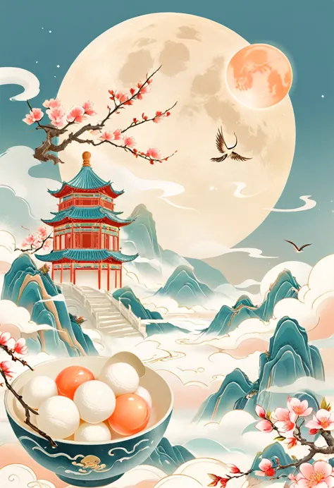 , Fine lines，(Golden section composition), (Golden Ratio),Minimalism，Mountain, lantern, Auspicious Clouds, Peach Blossom, Kongmi...