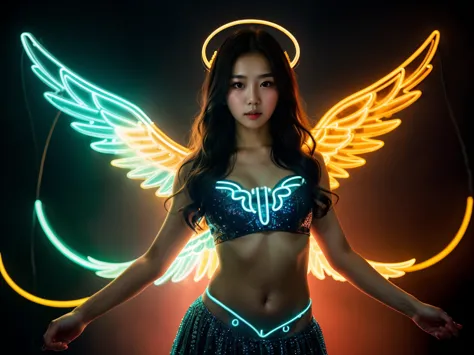 korean, 1girl, standing,  (dancing), cute pose, intricate angle costume, halo, glowing neon, (majestic wing), (painterly, cinema...