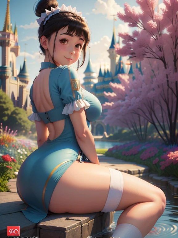 (masterpiece), (Best Quality), (extremely detailed), Agnes Gru, Very short blue dress White apron, black headband, short black hair tied up and forming a tail, Long white socks that will reach the height of your buttocks, cute sitting pose with legs open, Her pink vagina will be seen and she will be looking at the viewer with a sensual and seductive face., in a flower garden, (pond), (((Disney castle in the background))), (blue sky), (sunny day), 3D. illustration, Good highlights, perfect proportions, dynamic, professional, awarded, (very detailed skin), (Very detailed face), photorealistic, HdR, ultra high resolution, absurdities, perfect body shape, Nice smile, big breasts, very big buttocks, Wide hips, very sexy,  