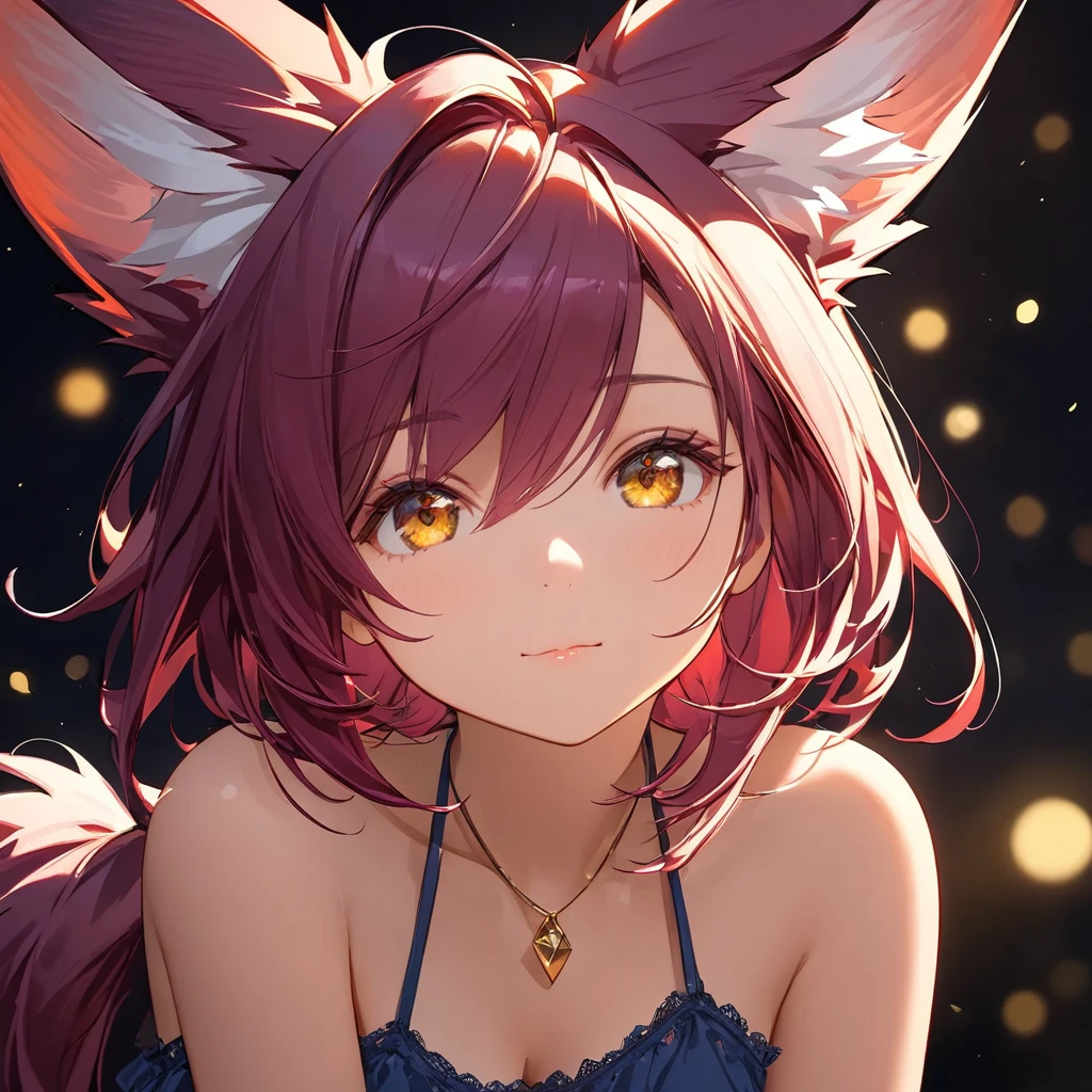 xayah,Camiseta,  orelhas de animais, olhos amarelos, alça_principal, lingerie, esplêndido, cabelo por cima do ombro, sem capuz, lindo, 4K, alto_Definição, detalhado,