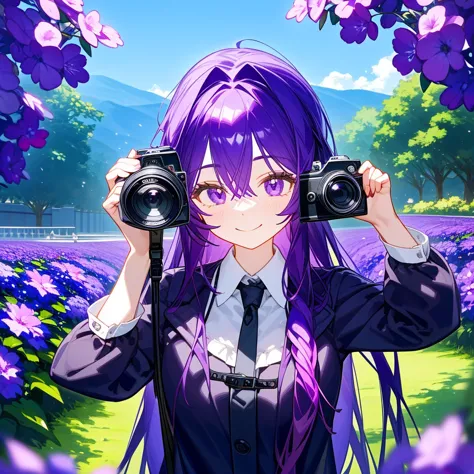 A solo women, With long purple hair, holding a camera, in a violet garden , bust up!!!! Smile