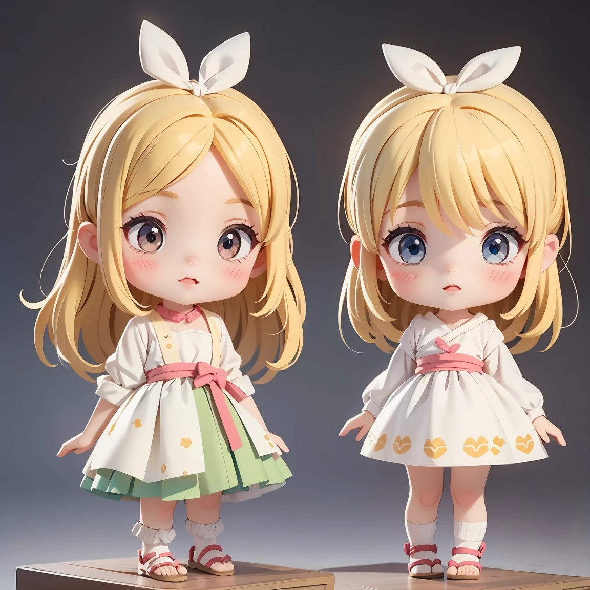  Super Chibi Character：1.8、wearing cute sandals、All-over simple and light color background：1.8、Blonde Hair、Cute 7 year old girl、Random cute outfits、Super Chibi Character：1.8、Sandals with ribbon、Pale face：1.8、Pale face：1.8