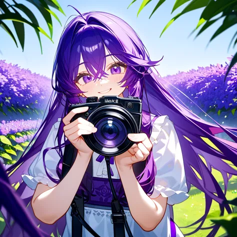 A solo women, With long purple hair, holding a camera, in a violet garden , bust up!!!! Smile