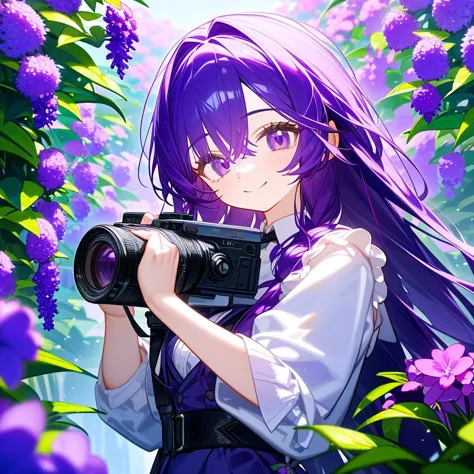 A solo women, With long purple hair, holding a camera, in a violet garden , bust up!!!! Smile