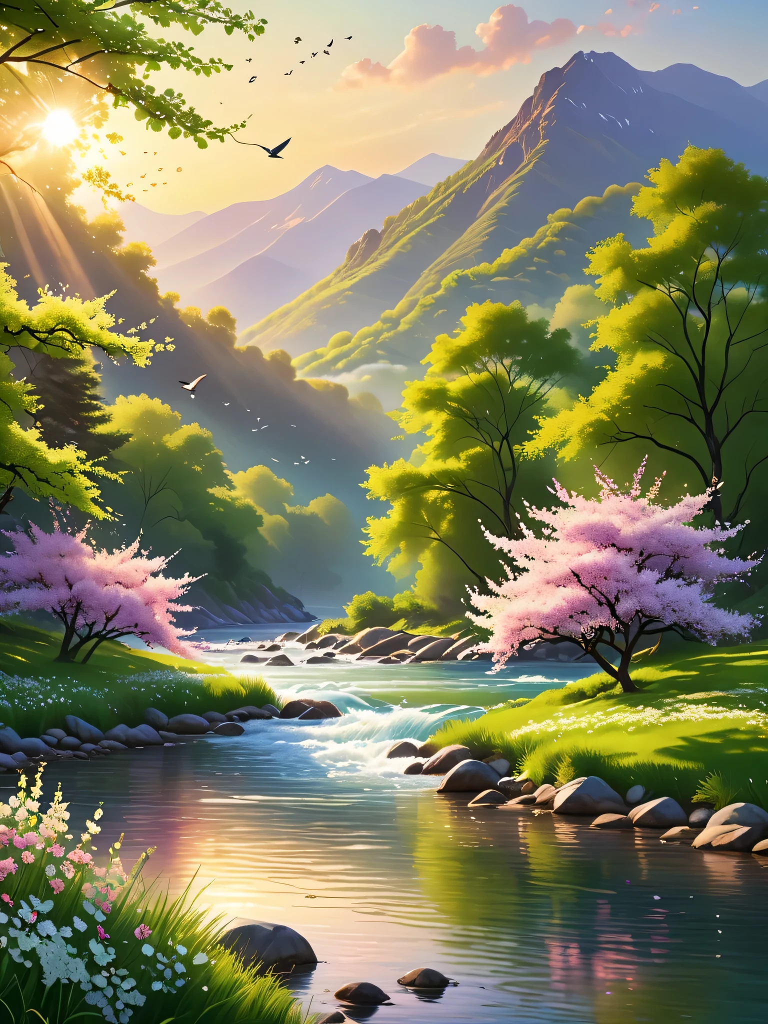 (best quality,4k,8k,highres,masterpiece:1.2),ultra-detailed,(realistic,photorealistic,photo-realistic:1.37),serene landscape,picturesque sunset,gentle waves rolling on the beach,lush green mountains in the distance,blossoming cherry trees,tranquil river flowing through the scene,sparkling water reflecting the colors of the sky,soft rays of golden sunlight filtering through the leaves,delicate flowers swaying in the breeze,birds soaring gracefully in the air,peaceful atmosphere,evoking a sense of calm and serenity,harmonious composition,harmonious colors blending seamlessly,natural beauty captured with precision,majestic scenery that takes your breath away,vibrant hues and vibrant color palette,subtle shadows and highlights enhancing the realism,impeccable attention to detail,inviting viewers to immerse themselves in the beauty of nature.