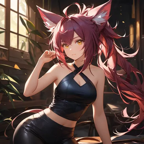 Xayah, leather_blouse, leather_leggings, animal ears, yellow eyes, halter_top, stunning, messy hair over shoulder, ponytail, hoo...