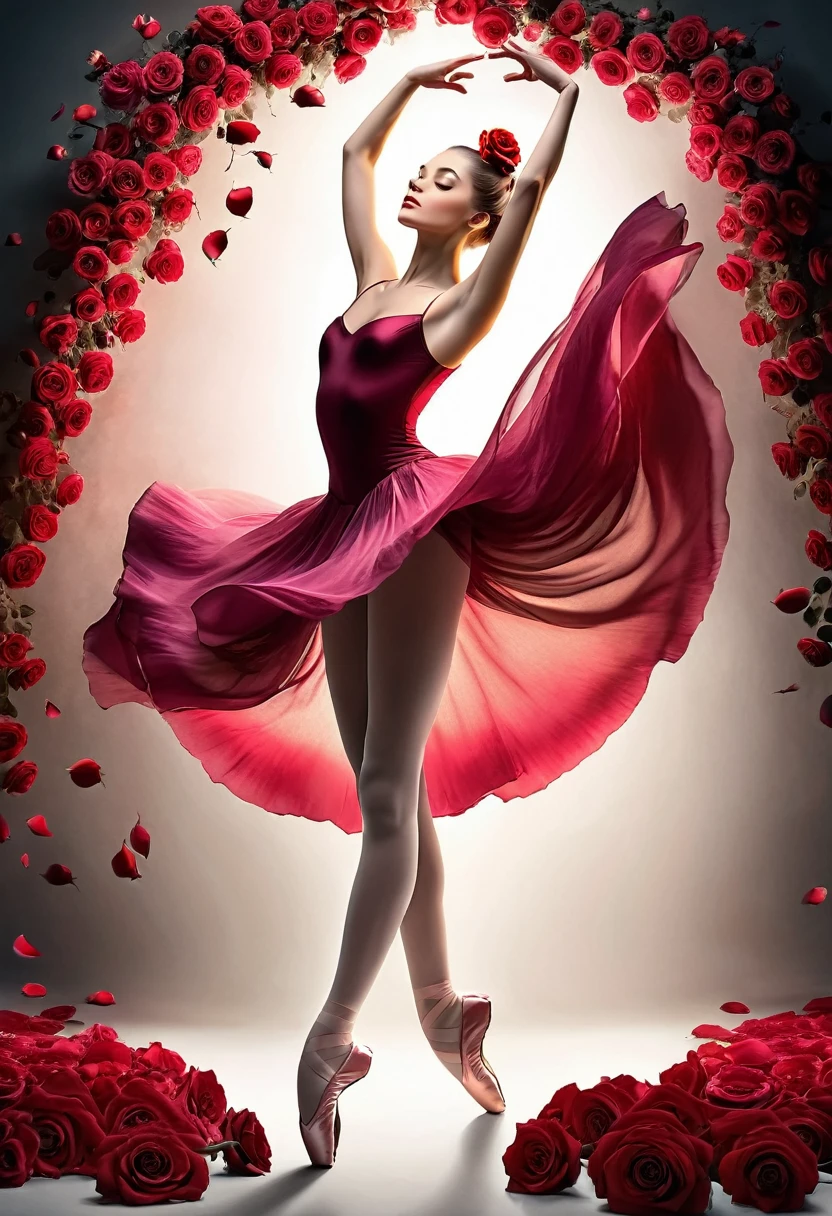 a portrait of female classical ballet prima ballerina dancer in the ((middle of a blossoming rose)), a full body picture ((anatomically correct: 1.5)) of a exquisite beautiful female dancer wearing silk evening dress, intricate dress dynamic hair color, dynamic hair style, dynamic skin complexion, wearing ballet shoes, wearing thigh highs, ((she is standing in the middle of the rose: 1.5)), magnificent rose, epic rose, she stands in the middle of the flower, dynamic background,  vibrant, Ultra-high resolution, High Contrast, (masterpiece:1.5), highest quality, Best aesthetics), best details, best quality, highres, 16k, (ultra detailed: 1.5), masterpiece, best quality, (extremely detailed) RAW, (ultra details, Masterpiece, best quality), Cinematic Hollywood Film, artxldnc, 