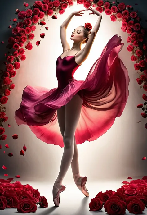 a portrait of female classical ballet prima ballerina dancer in the ((middle of a blossoming rose)), a full body picture ((anato...