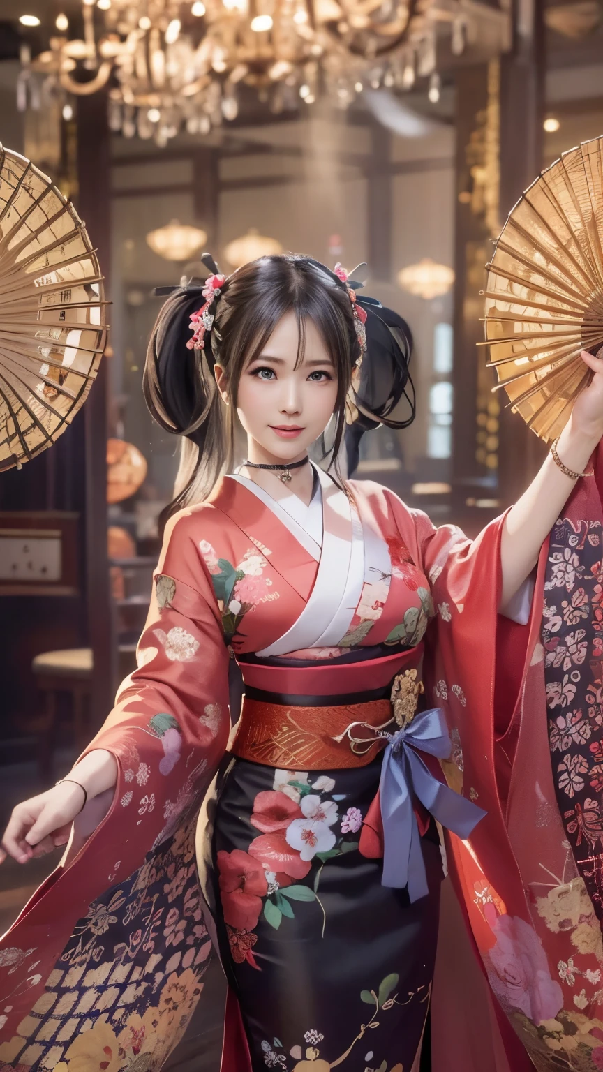 (sexy Japanese traditional dress), (banquet hall,, traditional Japanese  room:1.5), The background is a gold folding screen, doaxvv_Marie Rose, One girl, Maiko, slim body, huge bouncing busts, Black choker, Japanese traditional fan in hand, Dance with your arms wide open, 超High resolution, retina, masterpiece, Accurate, Anatomically correct, Textured skin, Super Detail, Attention to detail, high quality, 最high quality, High resolution, 4K