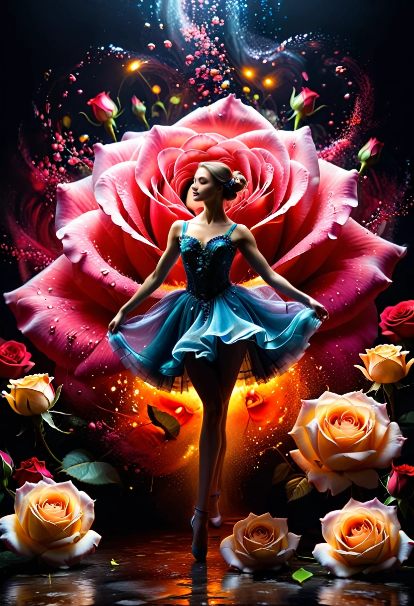 a portrait of female classical ballet prima ballerina dancer in the ((middle of a blossoming rose)), a full body picture ((anatomically correct: 1.5)) of a exquisite beautiful female dancer wearing silk evening dress, intricate dress dynamic hair color, dynamic hair style, dynamic skin complexion, wearing ballet shoes, wearing thigh highs, ((she is standing in the middle of the rose: 1.5)), magnificent rose, epic rose, she stands in the middle of the flower, dynamic background,  vibrant, Ultra-high resolution, High Contrast, (masterpiece:1.5), highest quality, Best aesthetics), best details, best quality, highres, 16k, (ultra detailed: 1.5), masterpiece, best quality, (extremely detailed) RAW, (ultra details, Masterpiece, best quality), Cinematic Hollywood Film, artxldnc, 