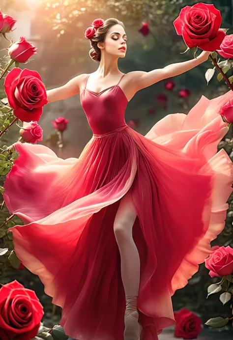 a portrait of female classical ballet prima ballerina dancer in the ((middle of a blossoming rose)), a full body picture ((anato...