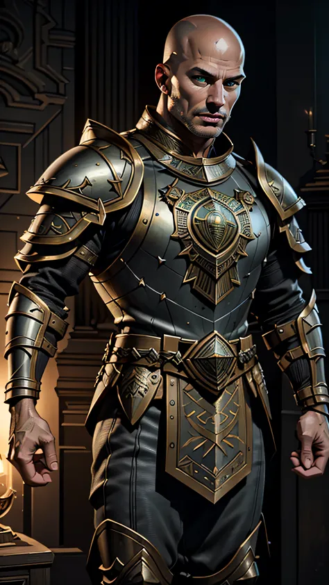 titanic warrior, male, bald, dark gray (intricate armor), plates, (big shield), (masterpiece, best quality), (green eyes), (hype...