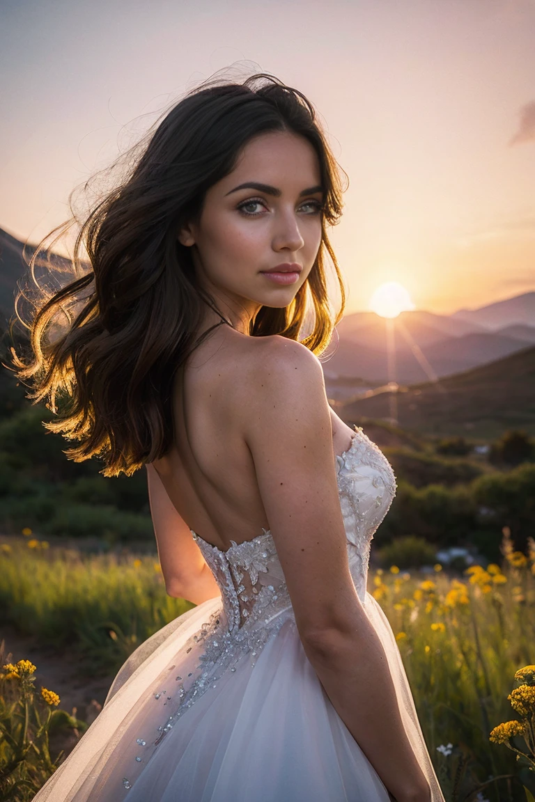 Ana de Armas, A beautiful woman stood atop a rocky outcropping,  Her hair was swept up in loose curls that tumbled down her back, a subtle hint of makeup accentuated her high cheekbones, full lips, and flawless complexion. As she turned to face the camera, a soft smile played at the corners of her mouth, framing her delicate features and piercing blue eyes overlooking a breathtaking valley below. She wore a flowing wedding dress that billowed gently in the breeze ,the lace was delicately embroidered with tiny flowers and vines, while the hem was adorned with sparkling crystals that caught the light and glimmered like stars. In the foreground, a bed of wildflowers added a pop of color to the scene, with vibrant hues of pink, purple, and yellow. Bees buzzed lazily from blossom to blossom, collecting nectar in the golden light of the setting sun. The sun was setting behind the mountains, casting a warm orange glow across the vast landscape.