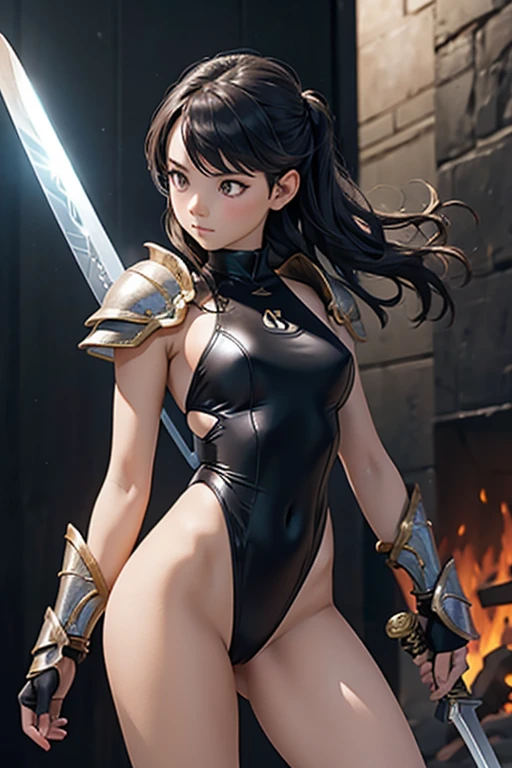 a bit, Warrior Girl, Black high leg swimsuit, sword,armor、