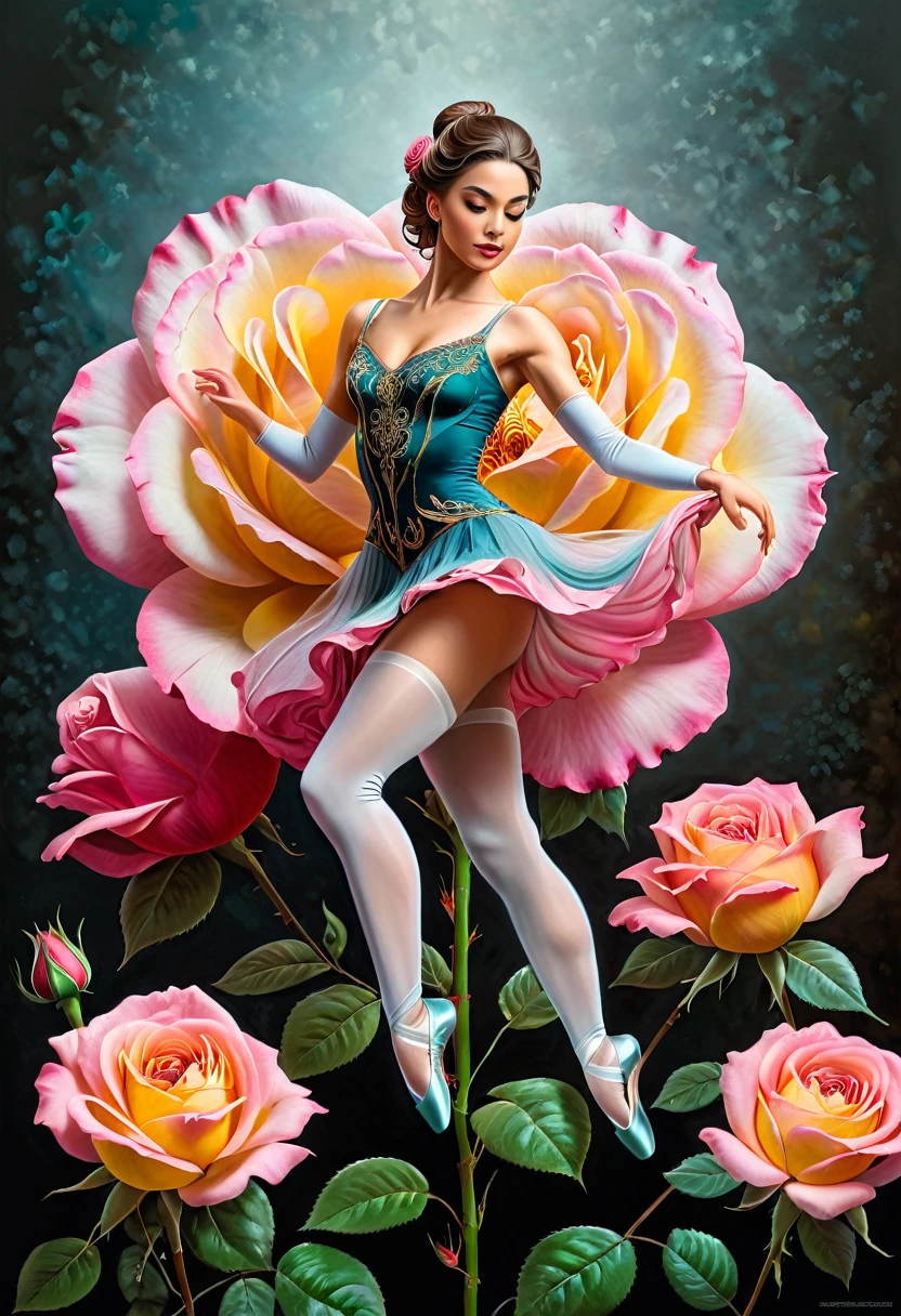 a portrait of an epic rose that has a female classical ballet prima ballerina dancer in the ((middle of a blossoming rose)), a full body picture ((anatomically correct: 1.5)) of a exquisite beautiful female dancer wearing silk evening dress, intricate dress dynamic hair color, dynamic hair style, dynamic skin complexion, wearing ballet shoes, wearing thigh highs, ((she is standing in the middle of the rose: 1.5)), magnificent rose, epic rose, she stands in the middle of the flower, dynamic background,  vibrant, Ultra-high resolution, High Contrast, (masterpiece:1.5), highest quality, Best aesthetics), best details, best quality, highres, 16k, (ultra detailed: 1.5), masterpiece, best quality, (extremely detailed) RAW, (ultra details, Masterpiece, best quality), Cinematic Hollywood Film, artxldnc, 