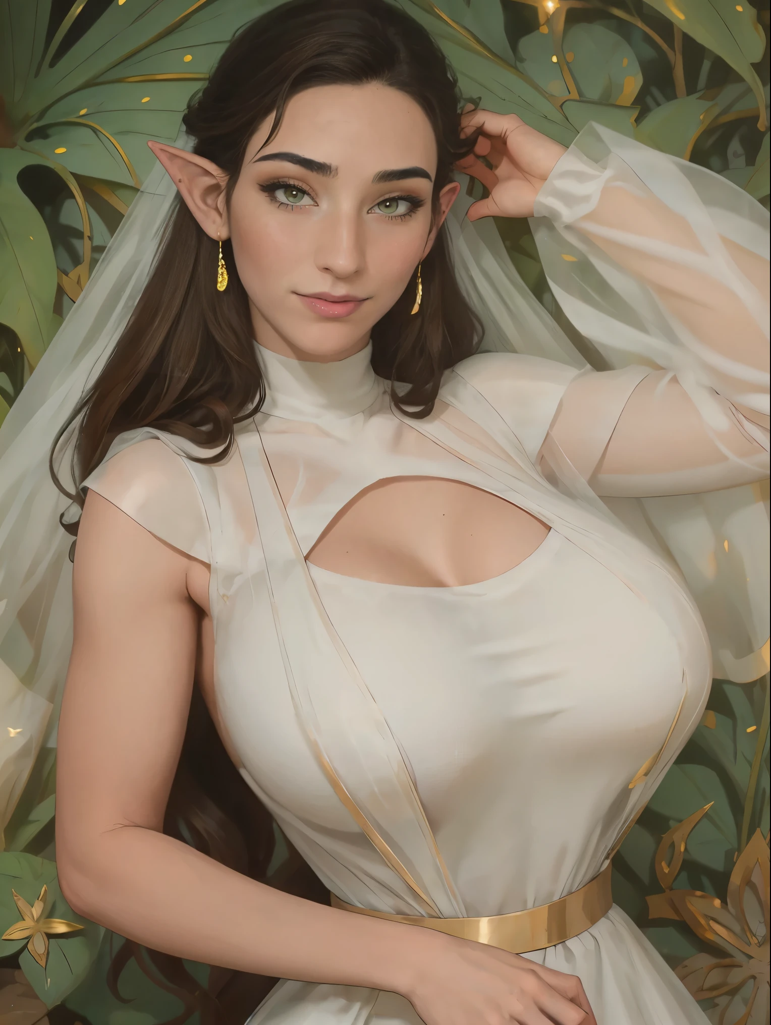 Extremely busty thin and toned brunette elf maiden, elegant woman, fair skin, loose updo, soft face, elf ears, athletic, (gigantic breasts), see-through white dress, high-neck, sleeveless, jewelry, bangles, gold accessories. detailed background, elvish garden, pavilion, elf city.