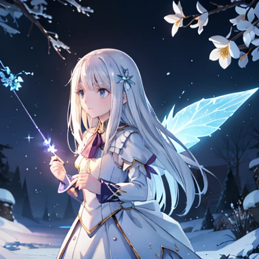 Uma imagem deslumbrante de Illya von Einzbern em uma floresta fantástica de neve e gelo，Muitas árvores de cristal espalhadas、Acessórios、Brilhe no centro，Lindas flores transparentes, Asas coloridas transparentes, A varinha vibra ao vento､A varinha brilhou com a luz das estrelas，Varinha dourada，Penas transparentes，fantasioso、Grito Estelar、limpeza、cintilante、azul gelado、Luz、com luz brilhando，Imagens mágicas,Folhas e galhos delicados são cercados por pontinhos de luz prateada（elementos da natureza），（tema neve），（Folhagem coberta de geada），（galho de árvore），（pirilampo），（efeito de partícula），obra de arte, super detalhado, composição épica, mais alta qualidade, 8K，Arte digital épica de fantasia romântica，Arte digital épica de fantasia de conto de fadas，Fantasia mitológica，obra-prima，alta qualidade，8K，Resolução UHD，Desenho detalhado detalhado，realisticamente，Muito realista，iluminação cinematográfica,uma fotografia premiada,cores ricas，textura realista hiper-realista，iluminação dramática