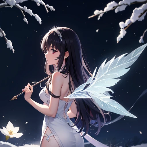 A gorgeous picture of Utaha Kasumiagaoka wearing a skimpy white dress in a fantastic snow and ice forest，Many scattered crystal trees、Accessories、Shine in the center，Beautiful transparent flowers, Transparent colorful wings, The wand flutters in the wind､The wand flashed with starlight，Golden wand，transparent feathers，fanciful、Starskrim、cleanness、glimmering、icy blue、Light、with light glowing，Magic pictures,Delicate leaves and branches are surrounded by motes of silvery light（nature elements），（Snow theme），（Frost covered foliage），（tree branch），（glowworm），（Particle effect），Masterpiece, Super detailed, Epic composition, Highest quality, 8K，Epic romantic fantasy digital art，dramatic  lighting