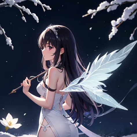 A gorgeous picture of Utaha Kasumiagaoka wearing a skimpy white dress in a fantastic snow and ice forest，Many scattered crystal ...