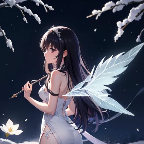 a gorgeous picture of utaha kasumiagaoka wearing a skimpy white dress in a fantastic snow and ice forest，many scattered crystal ...