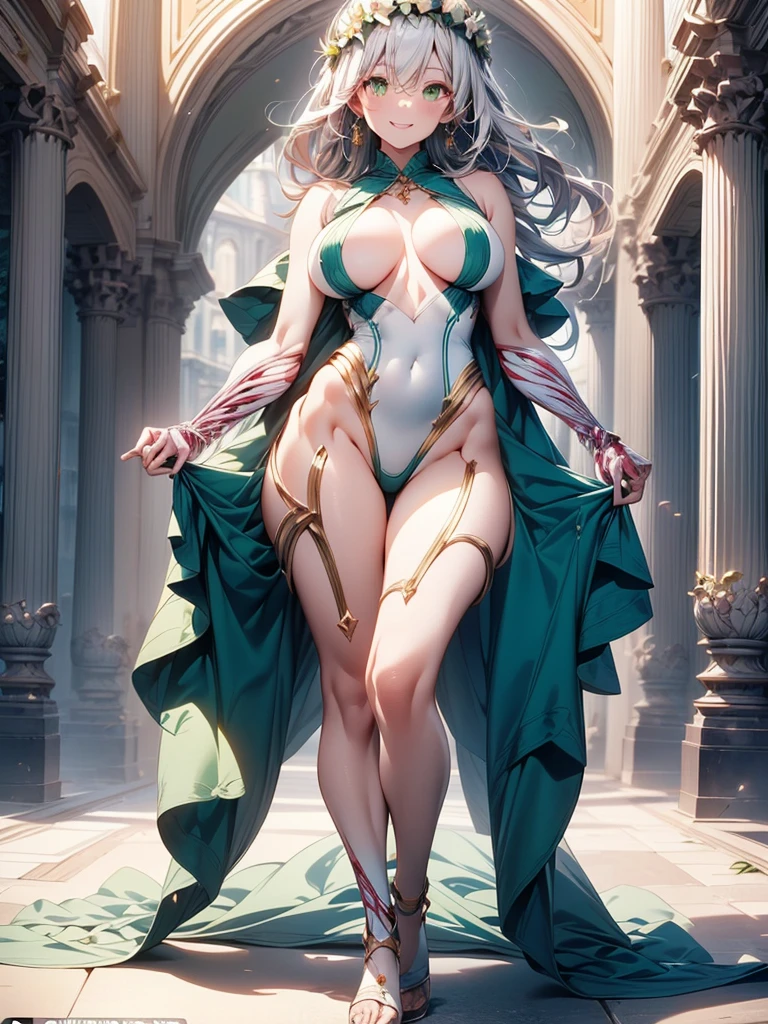 masterpiece, best quality, mature woman, long hair, white hair with green color inner, green eyes color, anime, very_long_hair, perfect body, large_breasts, ultra-detailed, high quality, 1girl, 4k ,perfect hands, full body, great details, beautiful anime illustrations, 26 years old, (((correct anatomy:1.5))), ((perfect hand:1.5, Ideal body proportions:1.37)), Good realistic skin:1.1, look at the audience:1.3, (Dynamic angle:1.3, Focus Target:1.3), (Many poses:0.0), (charming, Smile sexy too.:1.4), The picture in the middle:0.2, ((milf:1.5, alone:1.5)), noble white dress, light halo wreath