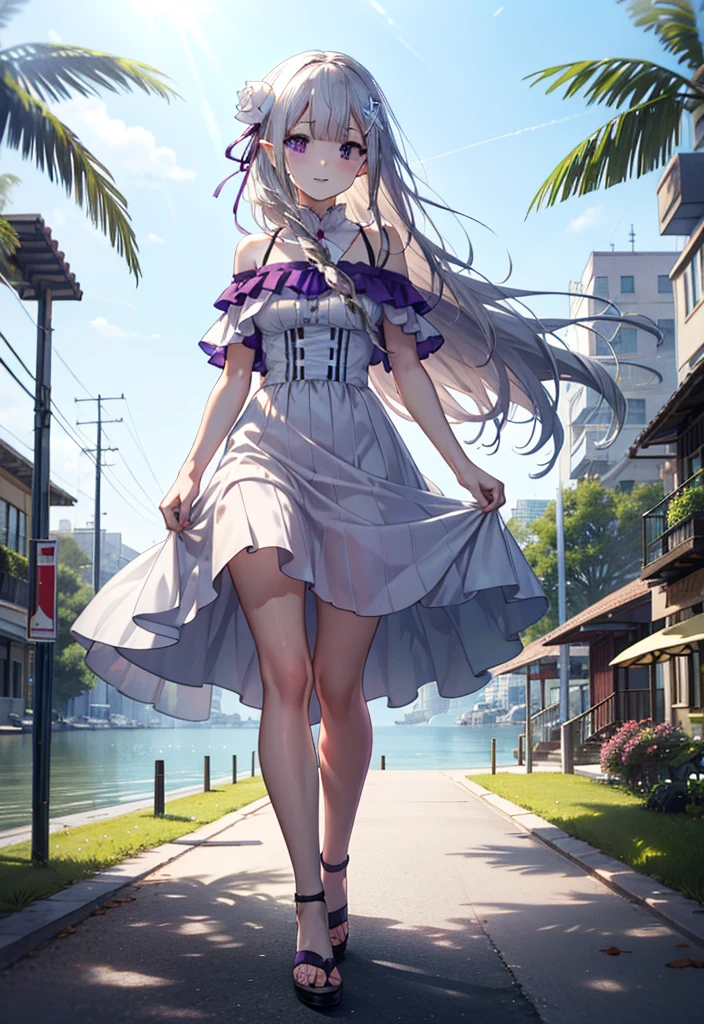 rezeroEmilia, Emilia, Braiding, crown Braiding, flower, hair flower, hair ornaments, Hair Ribbon, Long Hair, low-tied Long Hair, (Purple eyes:1.2), Pointed Ears, white flower, x hair ornaments, Open your mouth,smile,blush,Off-the-shoulder dress,Short sleeve,Long skirt,Heeled Sandals,Walking,Daytime,Clear skies,True Summer,Palm tree,whole bodyがイラストに入るように,
break outdoors, tropical,In town,Coastal Road,
break looking at viewer, whole body,
break (masterpiece:1.2), Highest quality, High resolution, unity 8k wallpaper, (figure:0.8), (Beautiful attention to detail:1.6), Highly detailed face, Perfect lighting, Highly detailed CG, (Perfect hands, Perfect Anatomy),