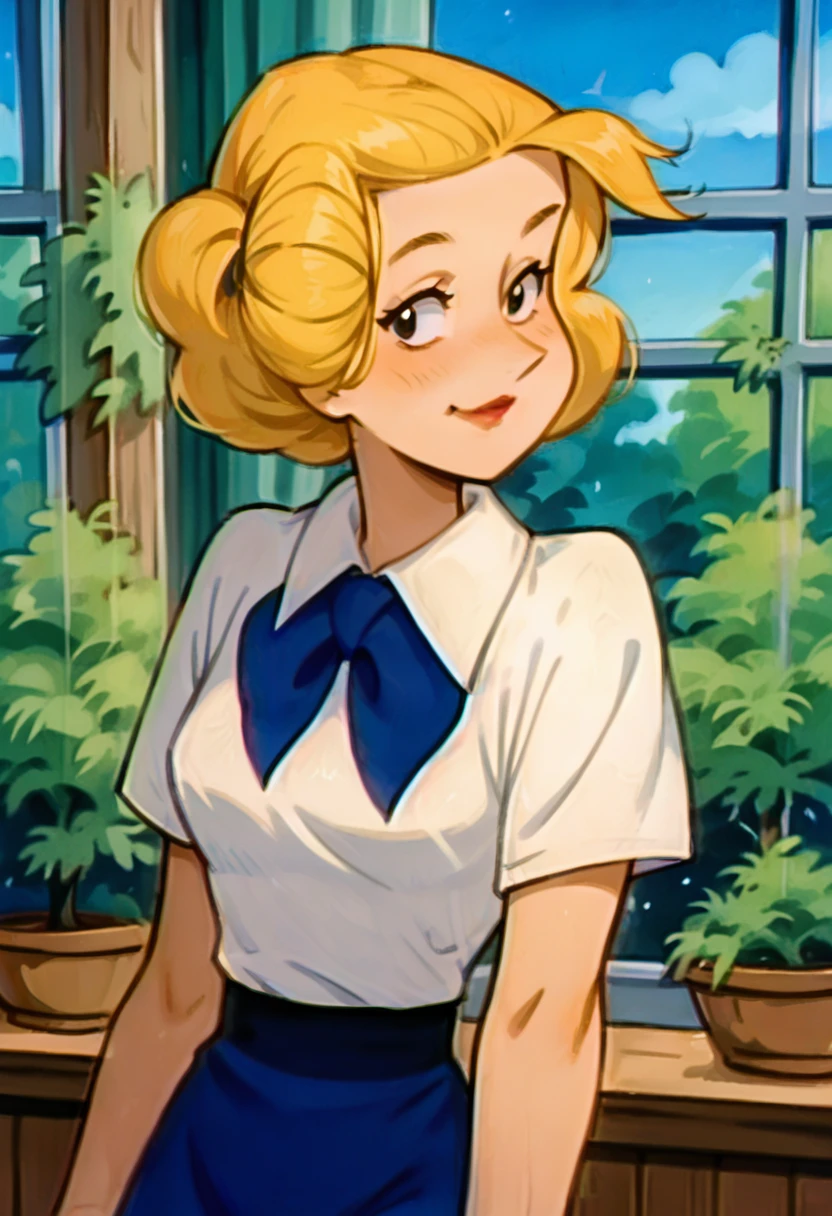 score_9, score_8_up, score_7_up, alice mitchell, blonde hair, white blouse with a blue ribbon, blue skirt, looking at viewer, smile,