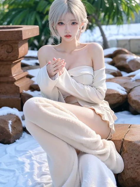 beautiful woman with perfect figure:1.4，snow，touching butt with both hands，snow背景，layered hairstyle，white skin，prominent cleavag...