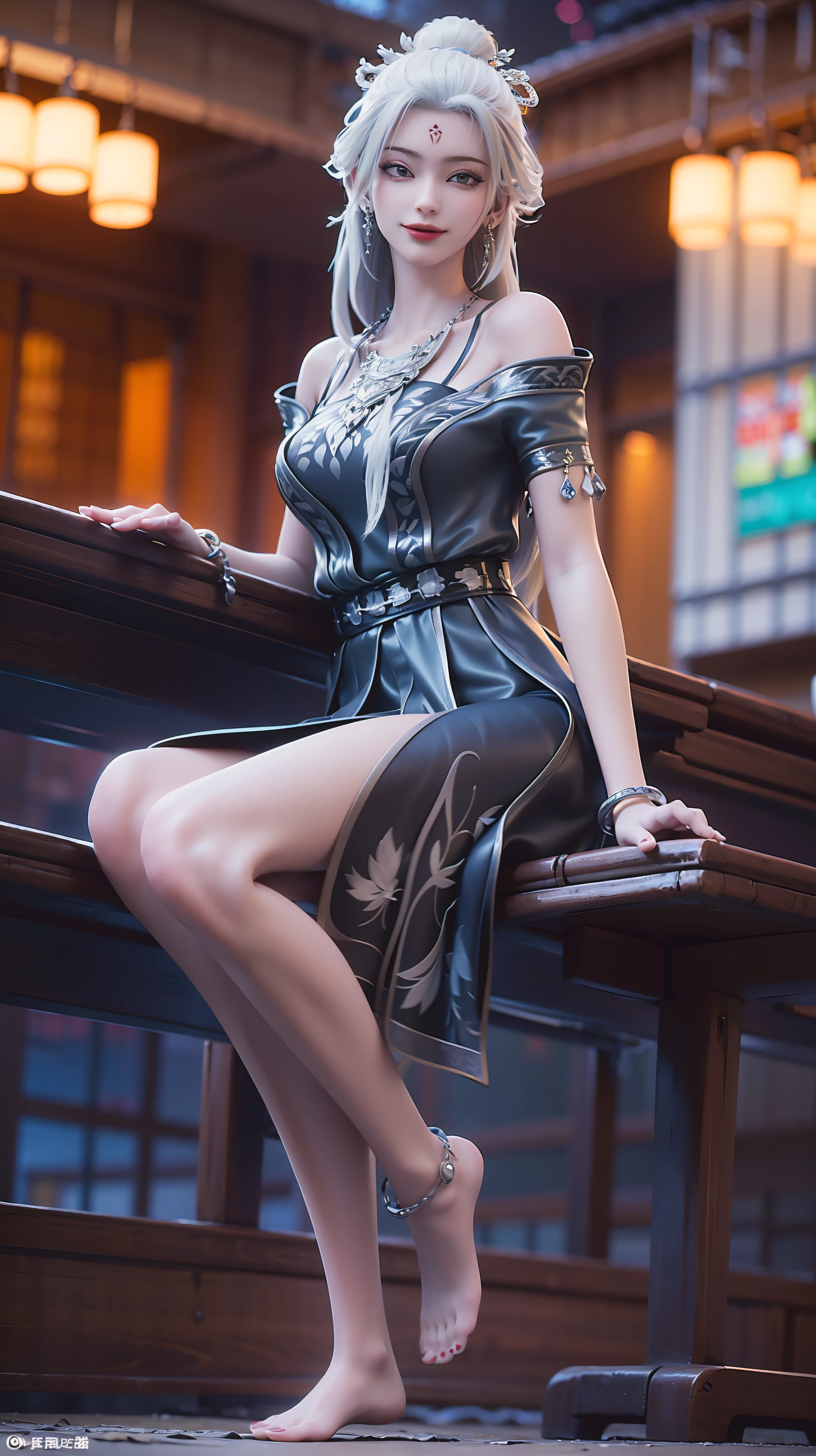 ((Shot in the knee)), ((From below)),A young girl, Wearing a skirt，At the bar, sit on the chair, Cross your legs, Posing elegantly, Detailed scenario, Messy long hair, Blush Blush, Beautiful slender legs, (Very high color saturation), details, Ultra Detailed, (masterpiece, Best quality), (Extremely exquisite and beautiful work), Delicate earrings, Exquisite necklace, Simple blur background, Extremely detailed description, Super Fine, Delicate face, slim body, Thin waist, (Grin), (Anatomically correct)，whole body，barefoot