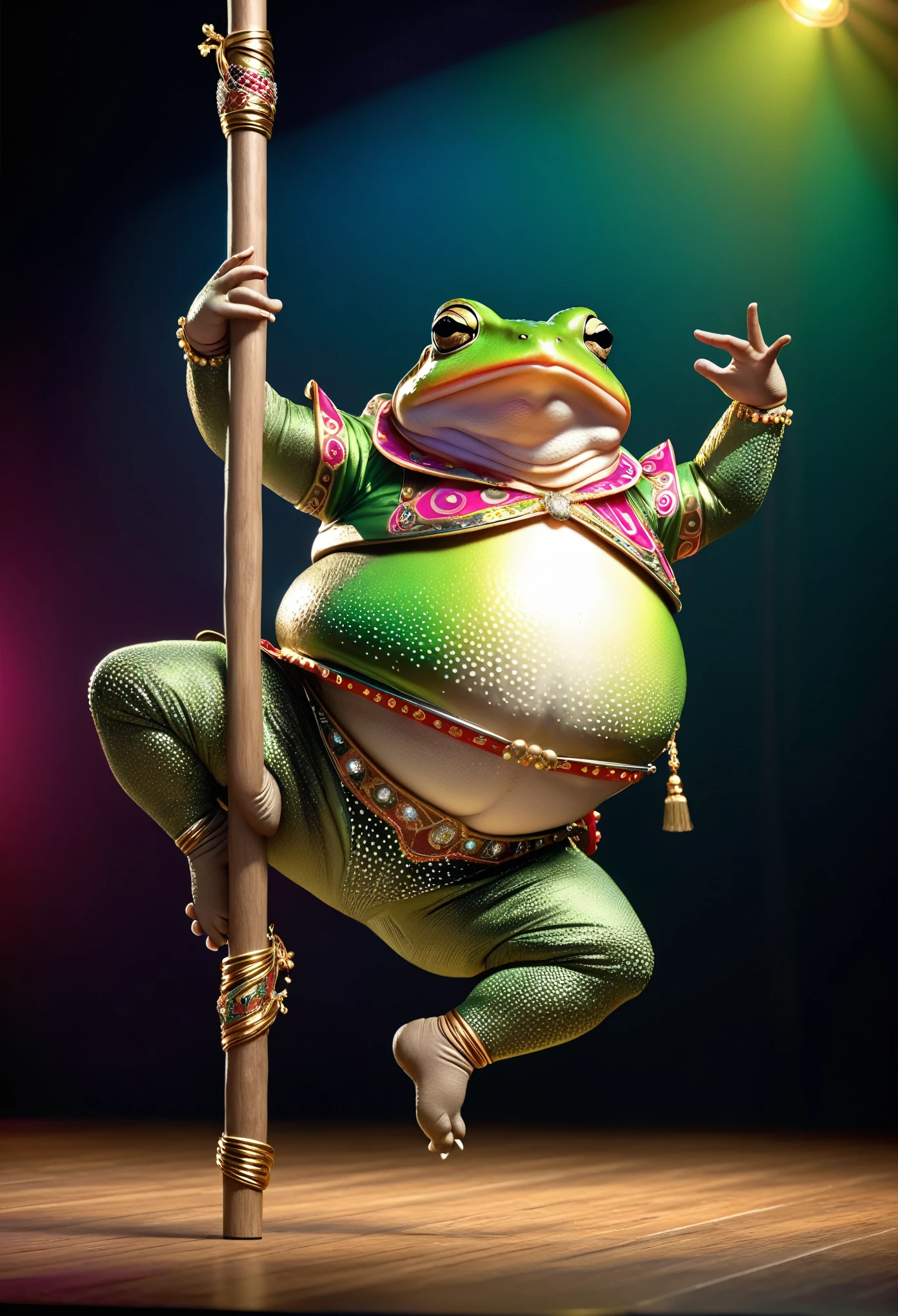 photorealistic portrait of Dressed animals - a ((fat)) ((toad)) limbo dancer,(), (dynamic limbo dancing:2.0), (leaning back :2.0),(:1.2),high quality,(happy),(lovely) ,intricate details, (), highly detailed (( female limbo dancer clothes)) ,highly detailed decorations of stage, passing through the pole , (happy), stage lighting,(full body image:1.5),limbo dance stage background,(spot light),