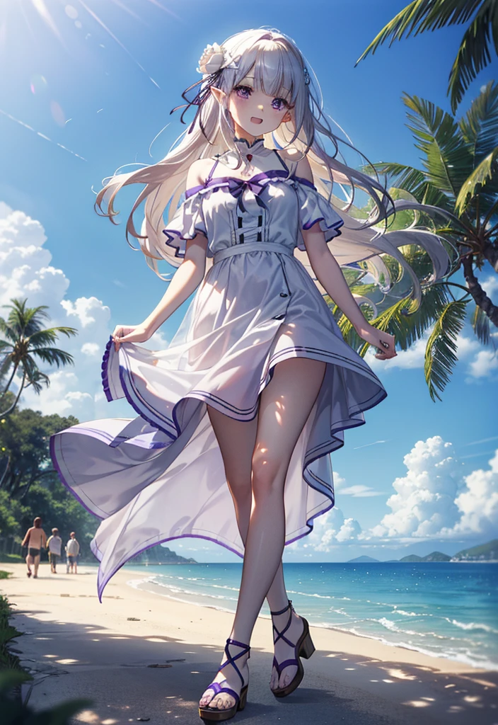 rezeroEmilia, Emilia, Braiding, crown Braiding, flower, hair flower, hair ornaments, Hair Ribbon, Long Hair, low-tied Long Hair, (Purple eyes:1.2), Pointed Ears, white flower, x hair ornaments, Open your mouth,smile,blush,Off-the-shoulder dress,Short sleeve,Long skirt,Heeled Sandals,Walking,Daytime,Clear skies,True Summer,Palm tree,whole bodyがイラストに入るように,
break outdoors, tropical,In town,Coastal Road,
break looking at viewer, whole body,
break (masterpiece:1.2), Highest quality, High resolution, unity 8k wallpaper, (figure:0.8), (Beautiful attention to detail:1.6), Highly detailed face, Perfect lighting, Highly detailed CG, (Perfect hands, Perfect Anatomy),