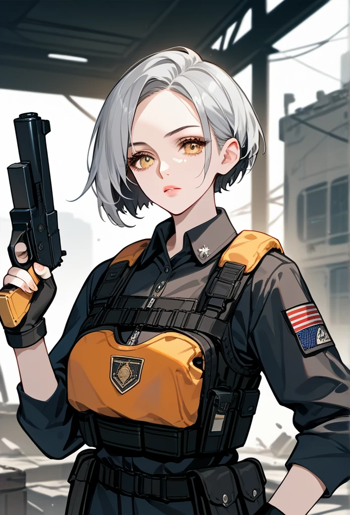 masterpiece, best quality, mature woman, short hair, (buzzcut hair), gray hair, evil eyes, amber eyes, glossy lips, mature face, sharp expression, operative clothing, bulletproof vest, tactical vest, fingerless gloves, holding pistol, abandoned building