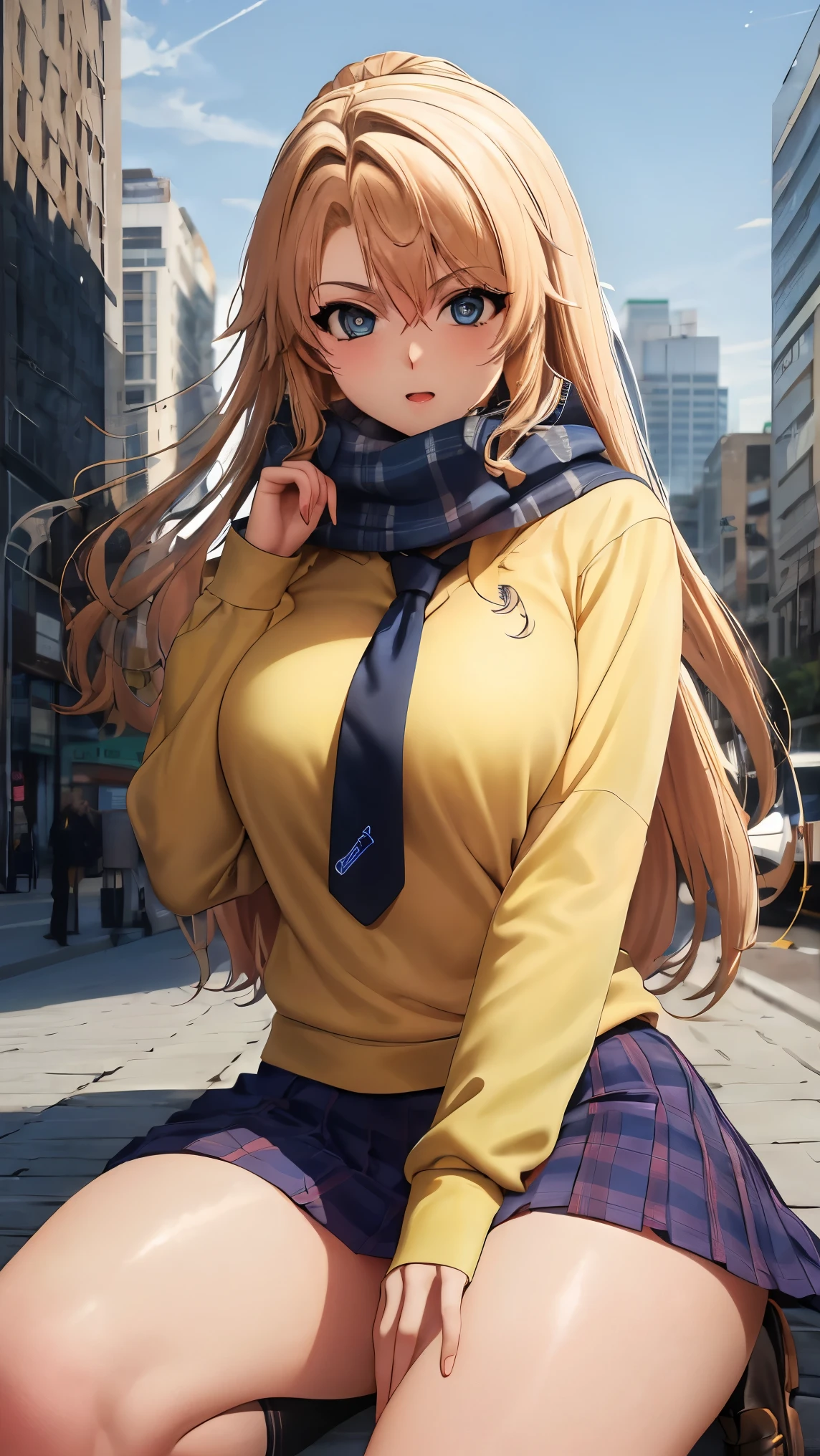 1girl, satella, serious, blonde hair, long hair,
BREAK (school uniform,necktie,yellow sweater,white shirt,long sleeves,blue skirt,socks,black socks,loafers:1.2)
BREAK ((tall buildings, city, winter, scarf)),
BREAK ((anime girl)), best quality, expressive eyes, perfect face, (masterpiece), best quality, expressive eyes, perfect face, ((best quality)), ((ultra-detailed)), ((an extremely delicate and beautiful)), perfect eyes, perfect body, ((details pupils)), ((detailed pupils)), ((synmetry eyes)), beautiful eyes, ((thick thighs)), shiny skin, soft skin, ((synmetry body)), ((perfect body)),perfect hands, perfect anatomy),