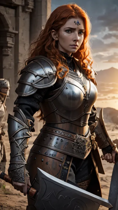 warrior, female, ginger intricate hair, dark gray (armor), plates, orange patterns, (big ax), (big shield), (masterpiece, best q...