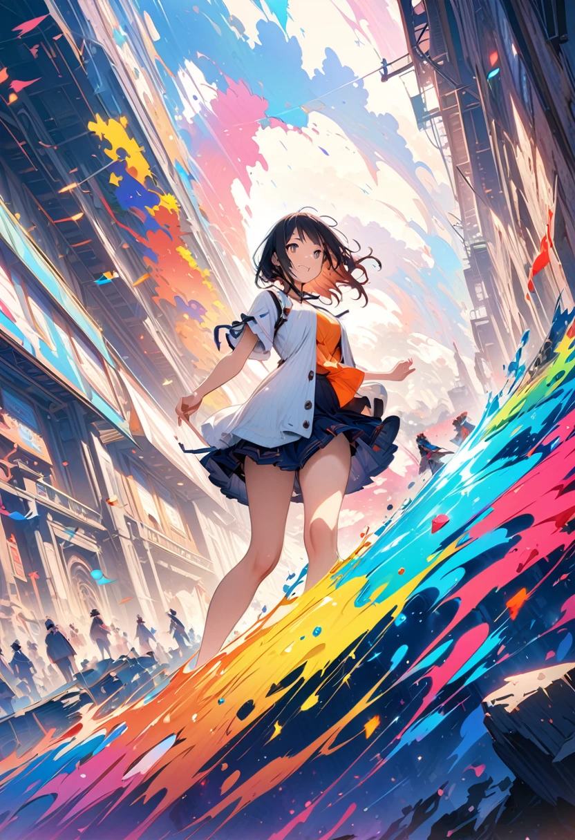 (masterpiece, Highest quality, Official Art:1.2), (colorful), Looking at the audience, One Girl, alone, White Background, floating colorful water, Ultra-fine illustrations, highly detailed, Dynamic Angle, beautiful detailed, 8k, break smiling amidst the colorful scenes, (Highest quality, masterpiece, High resolution, detailed), Anime Style, (Shining Eyes, detailed美しい顔), break,Dynamic Angle