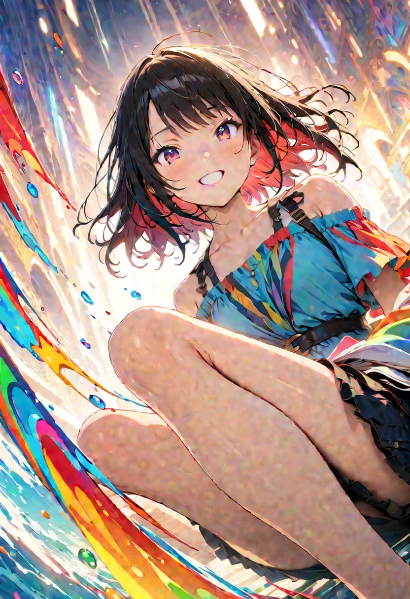 (masterpiece, Highest quality, Official Art:1.2), (colorful), Looking at the audience, One Girl, alone, White Background, floating colorful water, Ultra-fine illustrations, highly detailed, Dynamic Angle, beautiful detailed, 8k, break smiling amidst the colorful scenes, (Highest quality, masterpiece, High resolution, detailed), Anime Style, (Shining Eyes, detailed美しい顔), break,Dynamic Angle