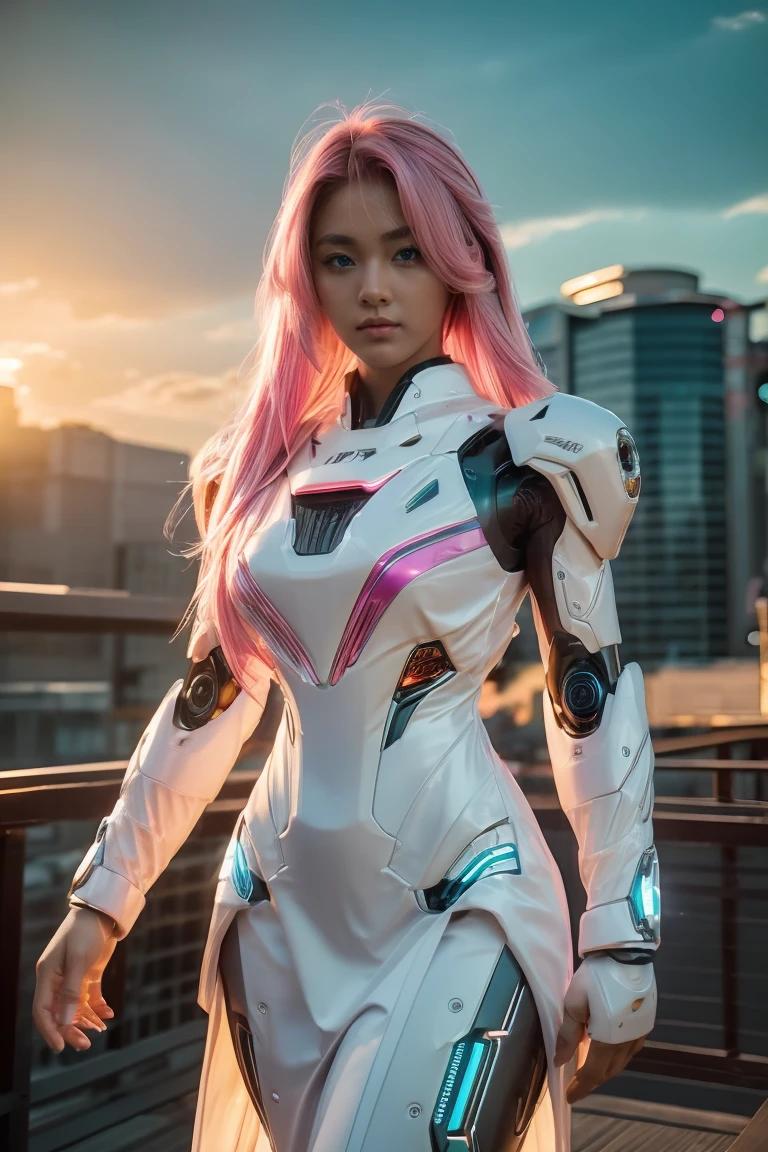 ((Masterpiece, best quality, very detailed), Volumetric light, surrounding occlusion, colorful, glow), Age 10, 1 girl, alone, young girl, Japanese, (pink hair), long hair, radius, Aura, sacred, owner, cybersuits, (white dress:1.3), robot, Bot,, outdoor, sunset, sky, cloud, space, (cyberpunk theme:1.2), shiny body It has a hard shell covering it., ข้อต่อแบบrobot, หูแมวแบบrobot, ชุดเกราะแบบrobot,glowสีชมพู