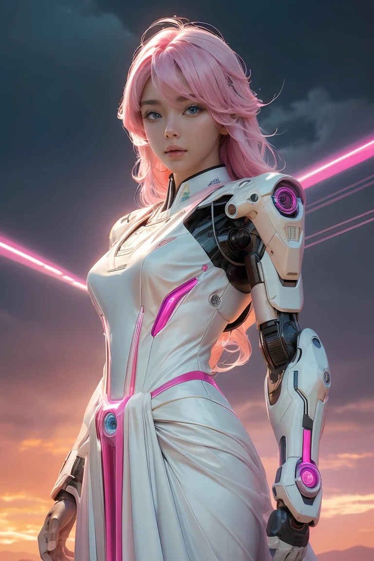 ((Masterpiece, best quality, very detailed), Volumetric light, surrounding occlusion, colorful, glow), Age 10, 1 girl, alone, young girl, Japanese, (pink hair), long hair, radius, Aura, sacred, owner, cybersuits, (white dress:1.3), robot, Bot,, outdoor, sunset, sky, cloud, space, (cyberpunk theme:1.2), shiny body It has a hard shell covering it., ข้อต่อแบบrobot, หูแมวแบบrobot, ชุดเกราะแบบrobot,glowสีชมพู