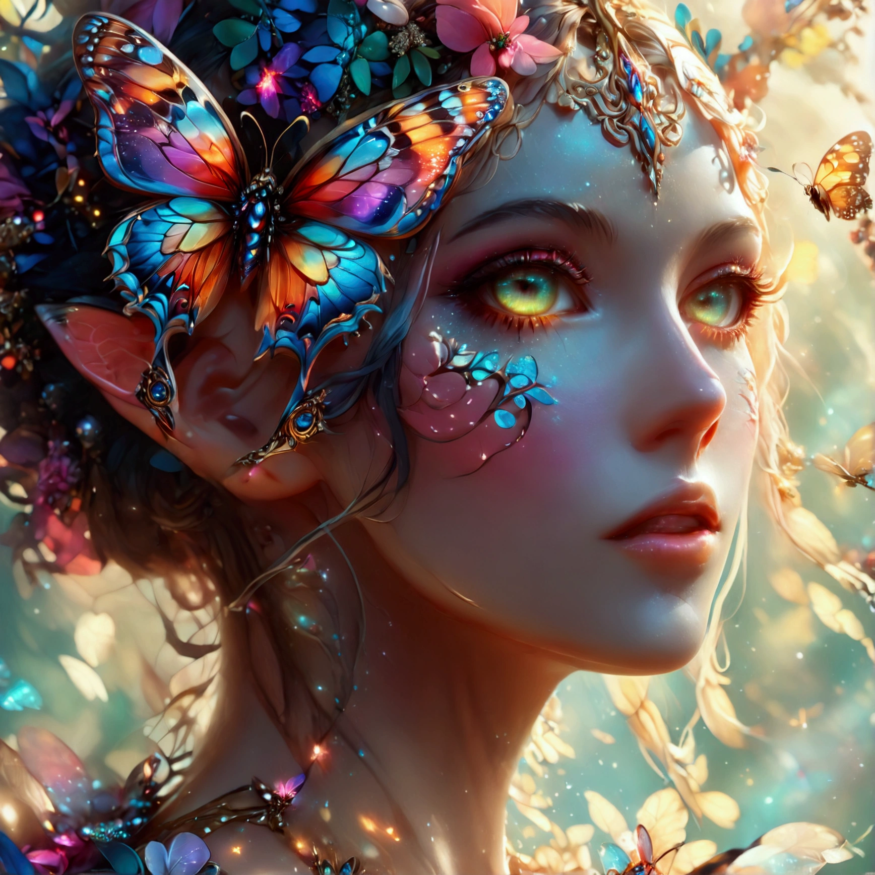 (Close-up of a woman with a butterfly costume:1.2), (fantasy art style:1.2), (ornate cosplay:1.2), (digital fantasy art:1.2), (Karol Bak UHD:1.2), (astral fairy:1.2), (colorful digital fantasy art:1.2), inspired by Hedi Xandt, fantasy art Behance, portrait of a fairy, vibrant fantasy style, (Ava Max:1.2), inspired by RossDraws, (masterpiece:1.4, best quality), (photo realistic:1.4), ethereal and magical, vibrant colors, intricate details, delicate brushstrokes, dynamic composition, rich textures, dramatic light and shadow, (glowing eyes:1.2), (detailed face:1.4), (expressive face:1.2), enchanting expression, surreal beauty, captivating features, otherworldly aura, perfect image quality, transcendent and unique