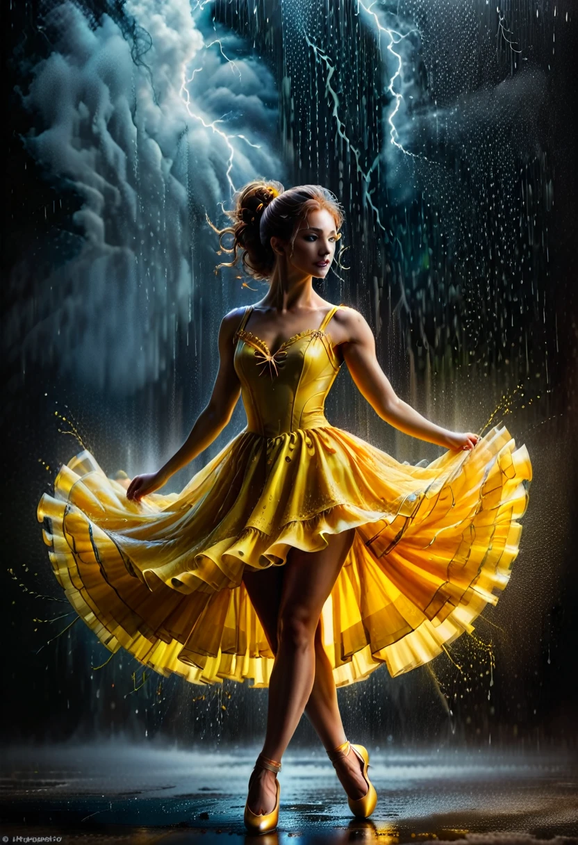 a portrait of female classical ballet prima ballerina dancing in the rain, a full body picture ((anatomically correct: 1.5)) of a exquisite beautiful female dancer wearing silk evening dress, intricate dress dynamic hair color, dynamic hair style, dynamic skin complexion, wearing ballet shoes, wearing thigh highs, ((she is standing in the middle of the rain storm: 1.5)),  she is wet, yet enjoys the dance in the rain, cloudy night, lightning storm, dynamic background, vibrant, Ultra-high resolution, High Contrast, (masterpiece:1.5), highest quality, Best aesthetics), best details, best quality, highres, 16k, (ultra detailed: 1.5), masterpiece, best quality, (extremely detailed) RAW, (ultra details, Masterpiece, best quality), Cinematic Hollywood Film, artxldnc, princess dress