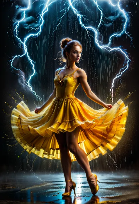 a portrait of female classical ballet prima ballerina dancing in the rain, a full body picture ((anatomically correct: 1.5)) of ...