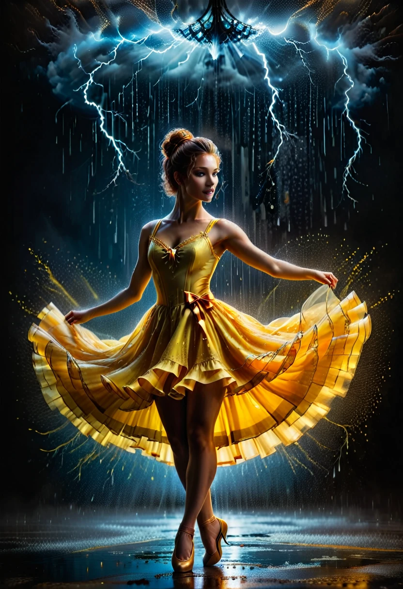 a portrait of female classical ballet prima ballerina dancing in the rain, a full body picture ((anatomically correct: 1.5)) of a exquisite beautiful female dancer wearing silk evening dress, intricate dress dynamic hair color, dynamic hair style, dynamic skin complexion, wearing ballet shoes, wearing thigh highs, ((she is standing in the middle of the rain storm: 1.5)),  she is wet, yet enjoys the dance in the rain, cloudy night, lightning storm, dynamic background, vibrant, Ultra-high resolution, High Contrast, (masterpiece:1.5), highest quality, Best aesthetics), best details, best quality, highres, 16k, (ultra detailed: 1.5), masterpiece, best quality, (extremely detailed) RAW, (ultra details, Masterpiece, best quality), Cinematic Hollywood Film, artxldnc, princess dress