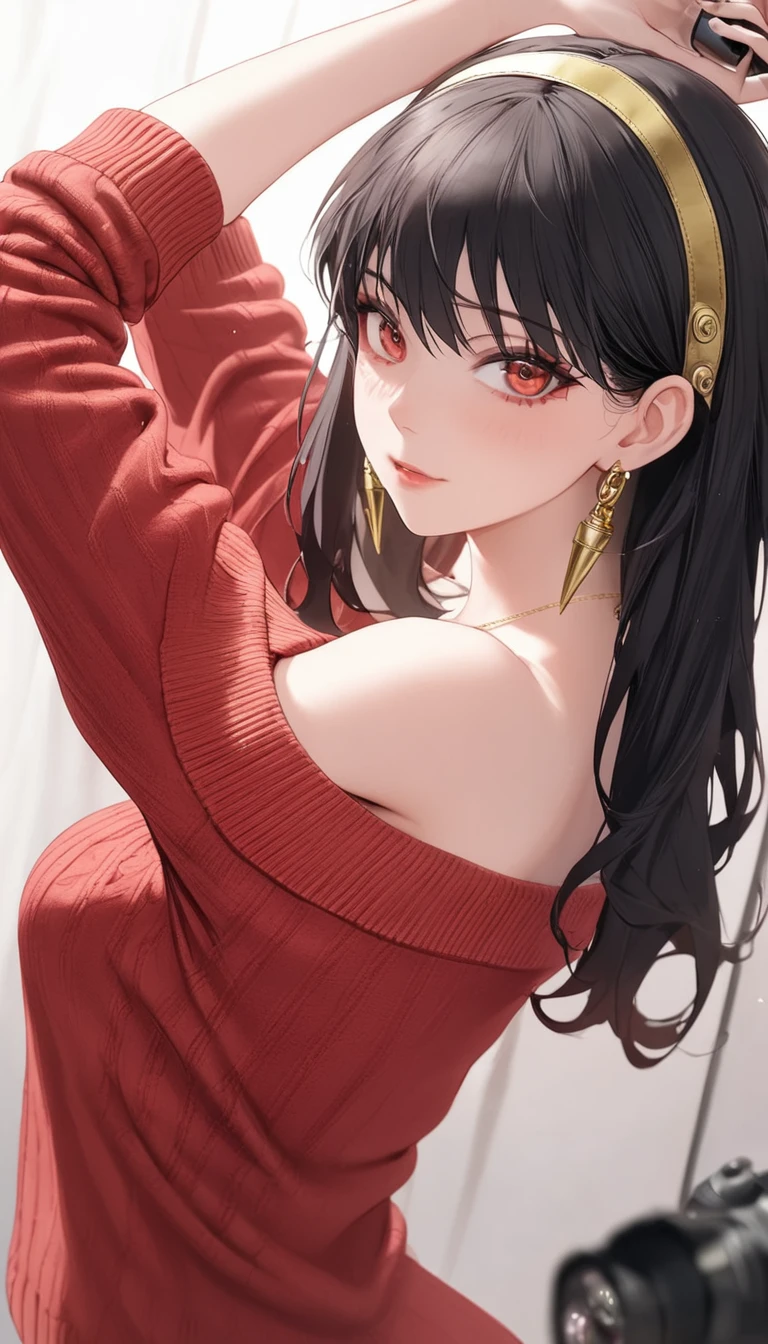 masterpiece,best quality, off-shoulder_sweater, solo, yor_briar, 1girl, red_sweater, looking_at_viewer, highres, pink_hairband, gold_earrings,  ((((((arms out to the camera)))))),  ((hands out to camera))