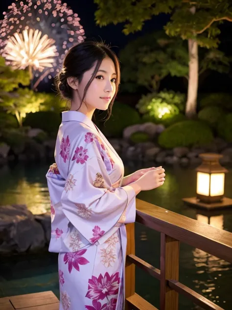 a beautiful woman wearing a violet yukata、watching fireworks in a traditional japanese garden。the garden is lush and green、it fe...