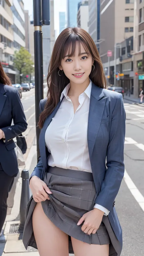 Woman in a suit standing on the sidewalk,((23-year-old woman))、small Breasts、Dark brown hair color、Hairstyle with bangs、Various ...